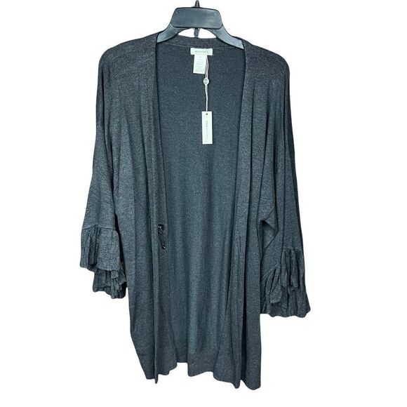 Max Studio Cardigan Grey Safety Pin Front Closure Ruffled Cuffs Medium - Picture 4 of 14